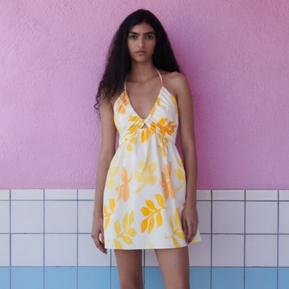 ZARA Yellow Floral Print Mini Sun Dress